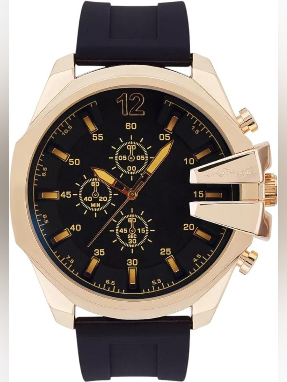 NWT Ed Hardy Men’s Gold Tone Chronograph Watch Black Silicone 53mm
